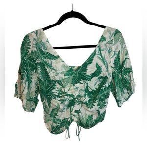 H&M Green Tropical Leaf Cinched Blouse – Size M